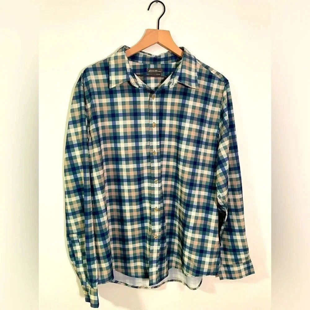 Eddie Bauer Shirt Mens Large Plaid Button Down Hiking Green Performance Wicking